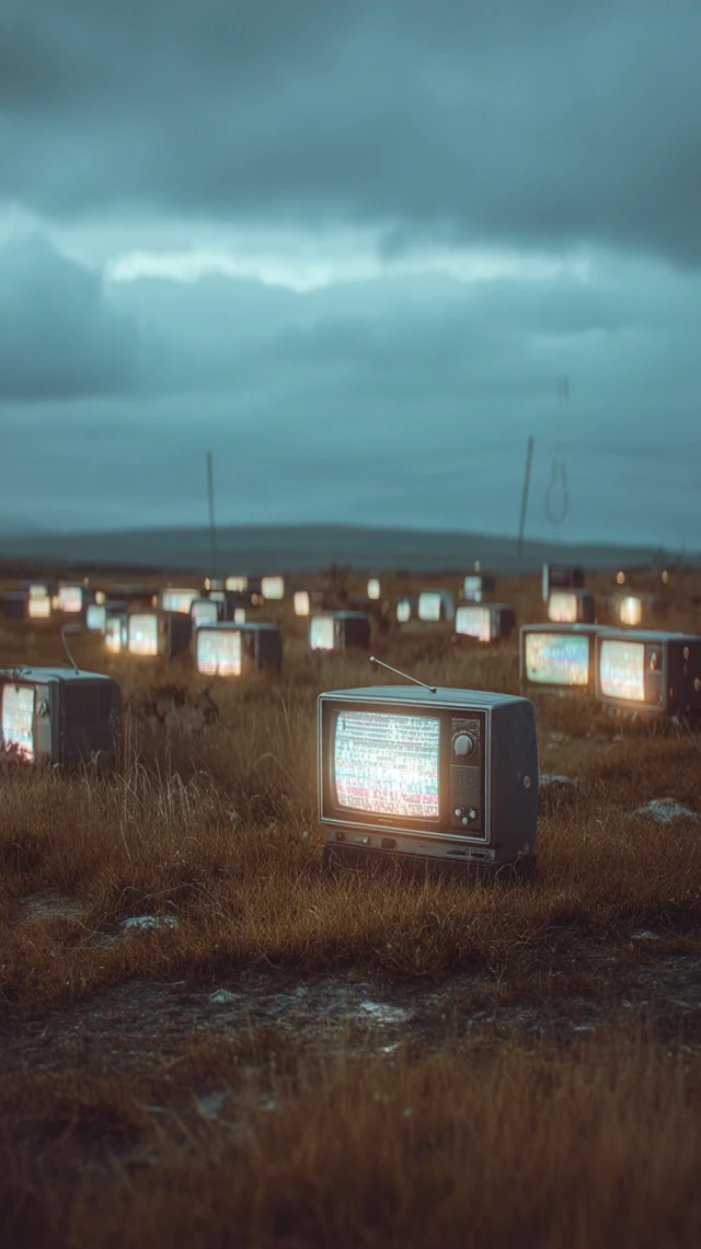 Eerie Field of Vintage TVs Cinematic Surreal Scene