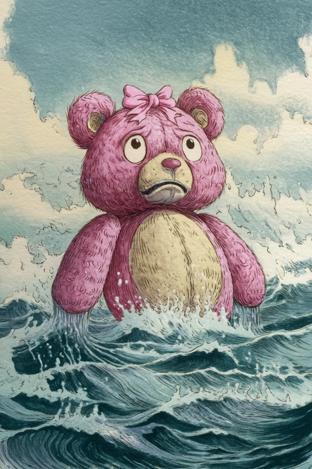 Worried Pink Teddy Bear in the Ocean Watercolor Art