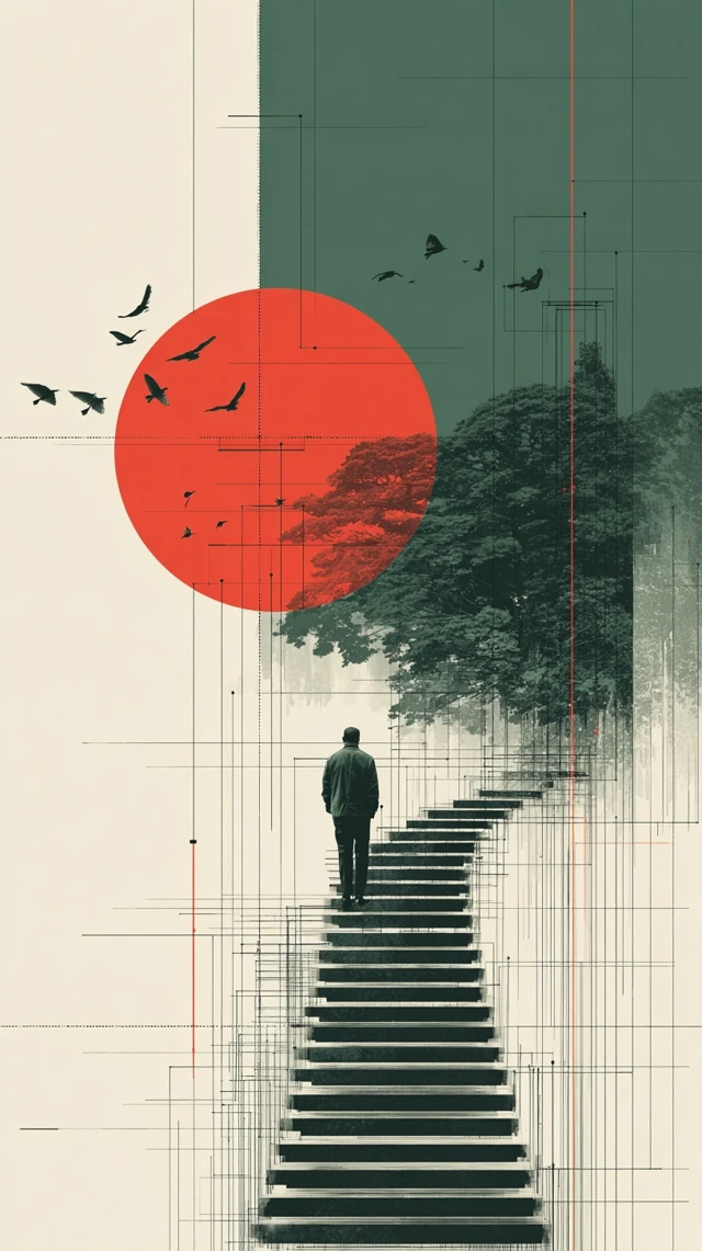 Minimalist Art Man Climbing Stairs Birds Pastel Colors