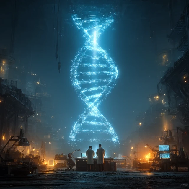 Futuristic DNA Laboratory with Scientists and Holograms