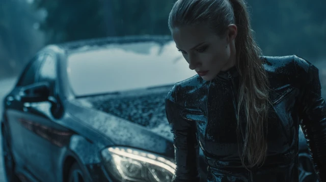 Dark Movie Scene Female in Latex by the Damaged Car