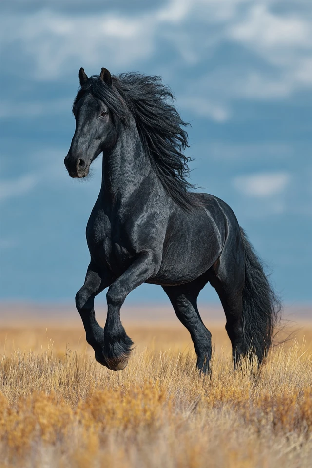 Black Friesian Horse in Grassland Stunning Photography