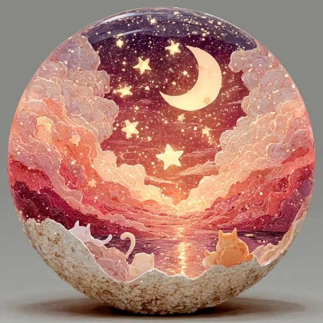 Cute Cartoon Scene Moon Stars Cats in Glass Ball