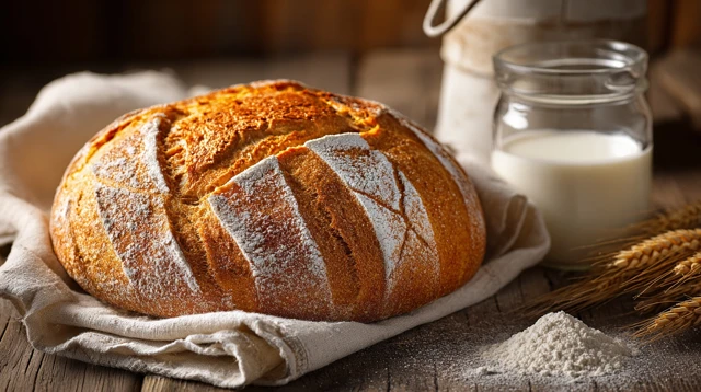 Freshly Baked Bread and Milk Rustic Still Life