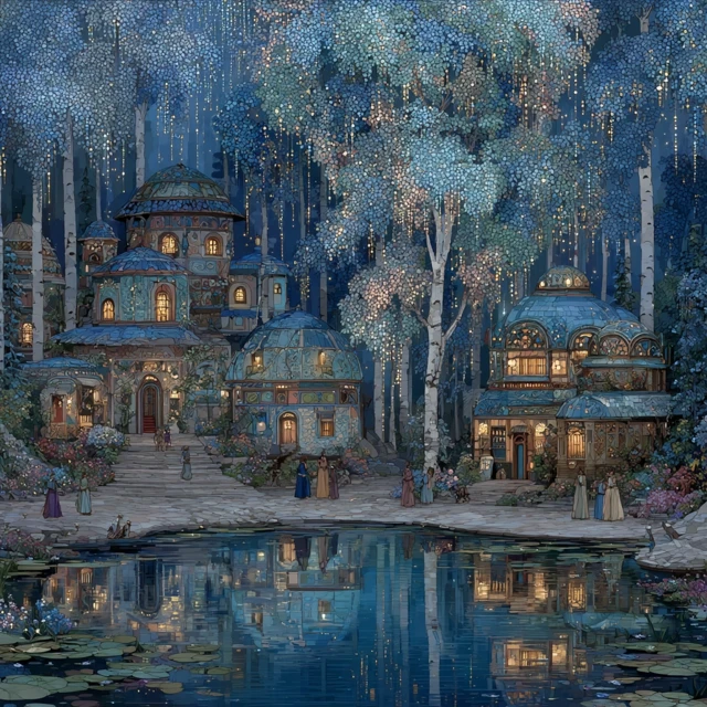 Forest Village at Dusk: Bioluminescent Lights and Festival