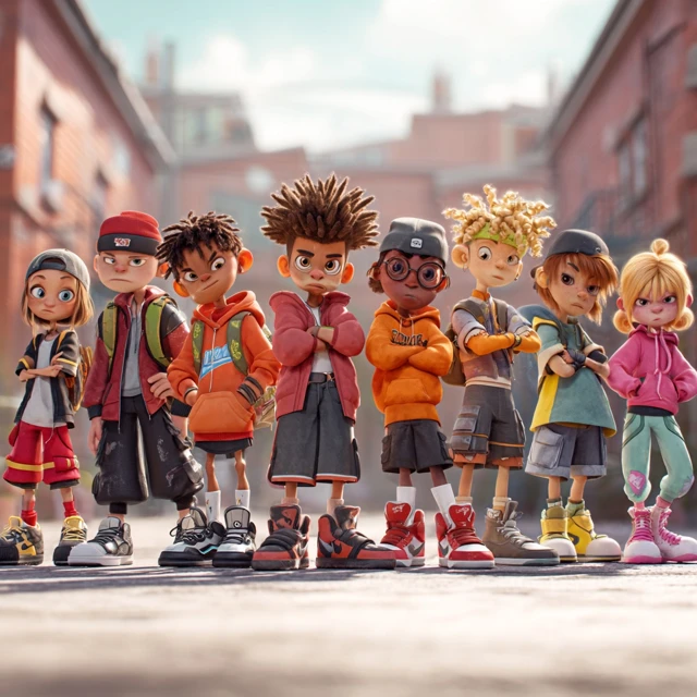 Animated Kids Group Pose 90s Cartoon Style