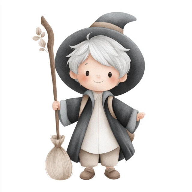 Cute Halloween Wizard Boy Watercolor Nursery Art