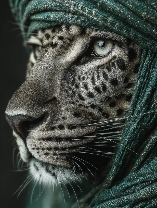 Jaguar Portrait in Green Cloak and Turban
