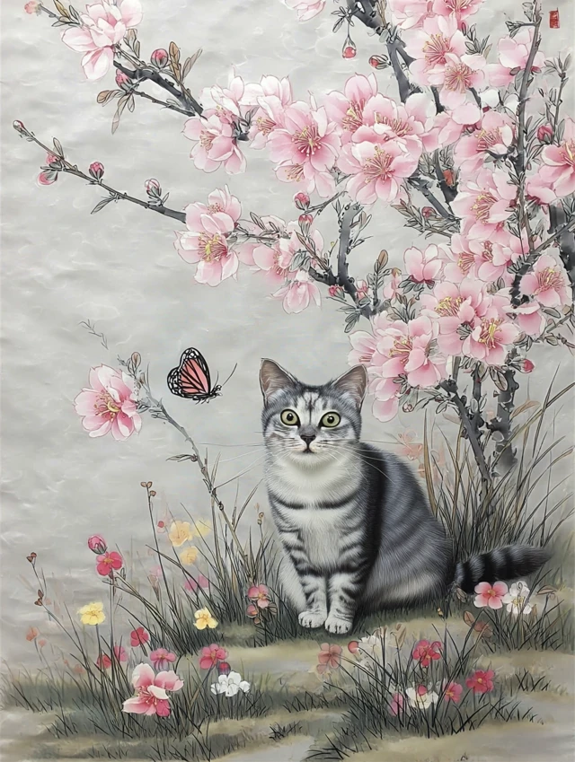 Cat Butterfly Chinese Ink Painting
