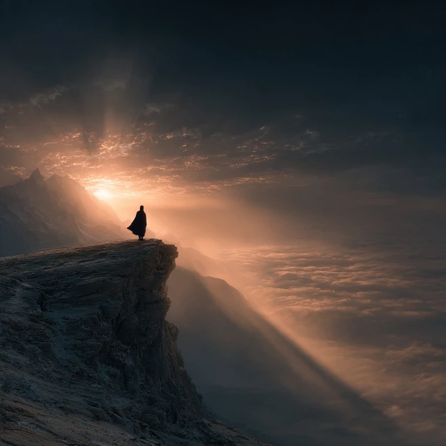 Warrior at Golden Hour Overlooking Mountains