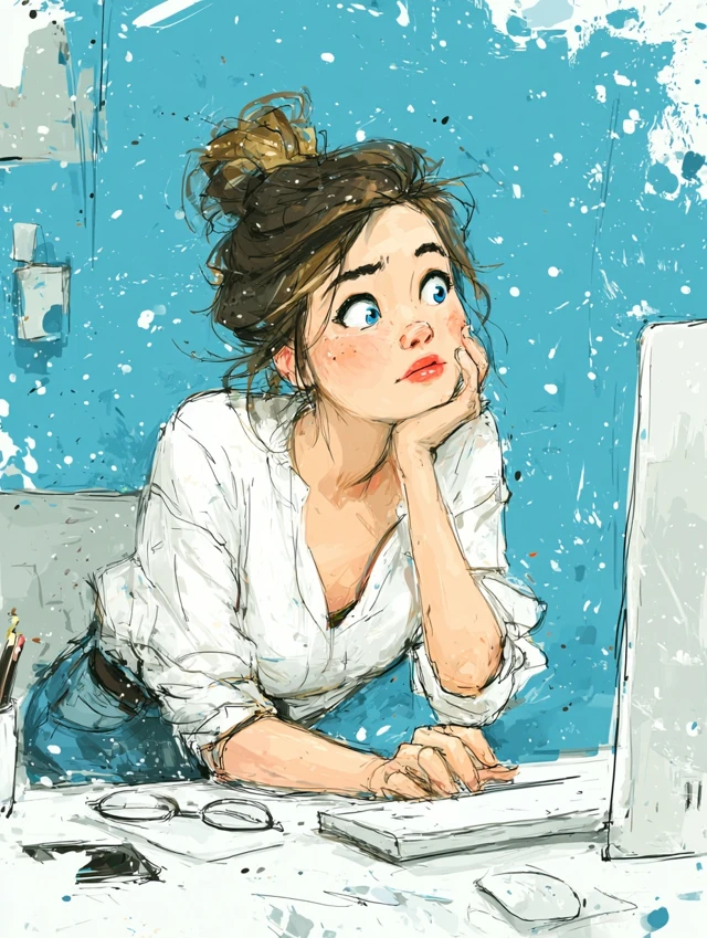 Girl at Desk Hand Drawn Illustration