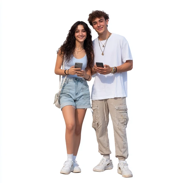 Cute Teen Couple Holding Phones Illustration