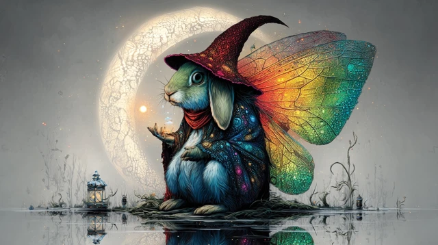 Whimsical Rabbit Witch with Dragonfly Wings Cartoon Art