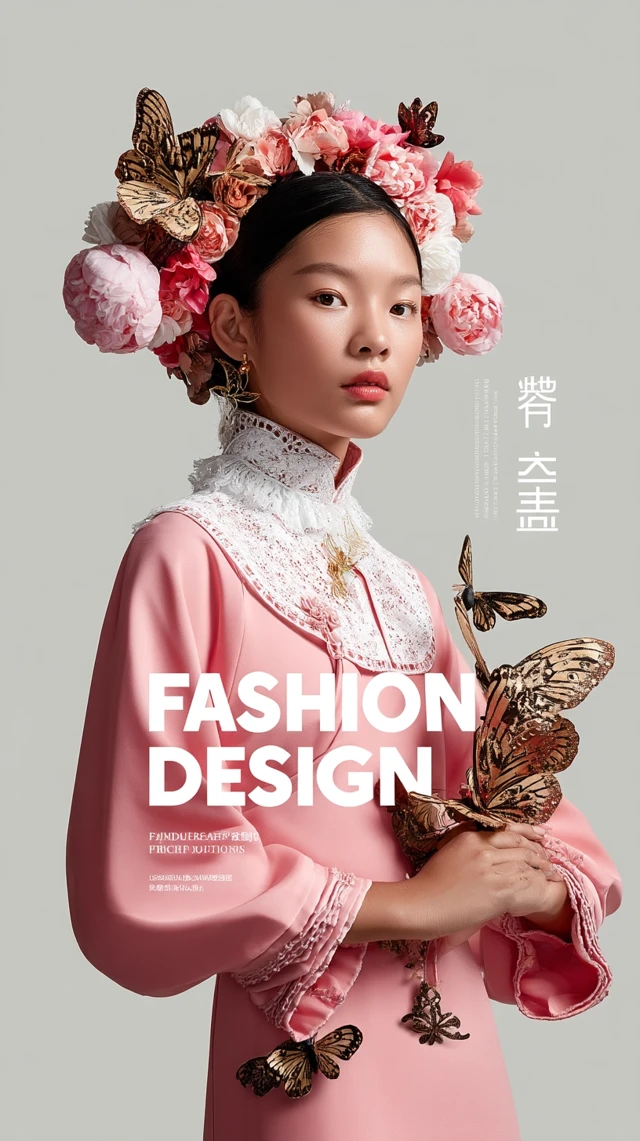 Fashion Design: Woman in Cheongsam with Butterflies