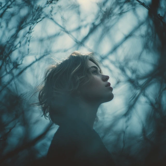 Girl Looking Up Through Trees Feeling Longing