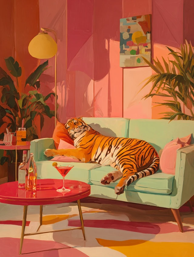 Tiger Lounging in Retro Interior