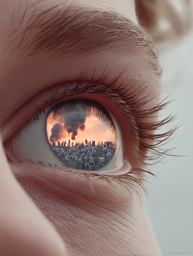 Surreal Eye Reflection: Sunset Poppy Field