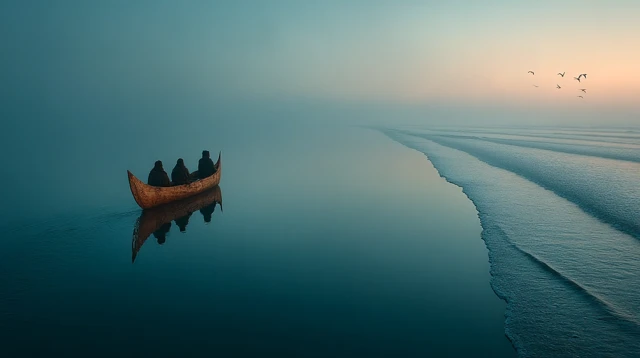 Lone Canoe Drifting at Sea Peaceful Landscape