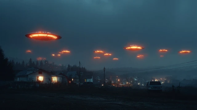 UFOs Over Rural Landscape Dusk Photorealistic