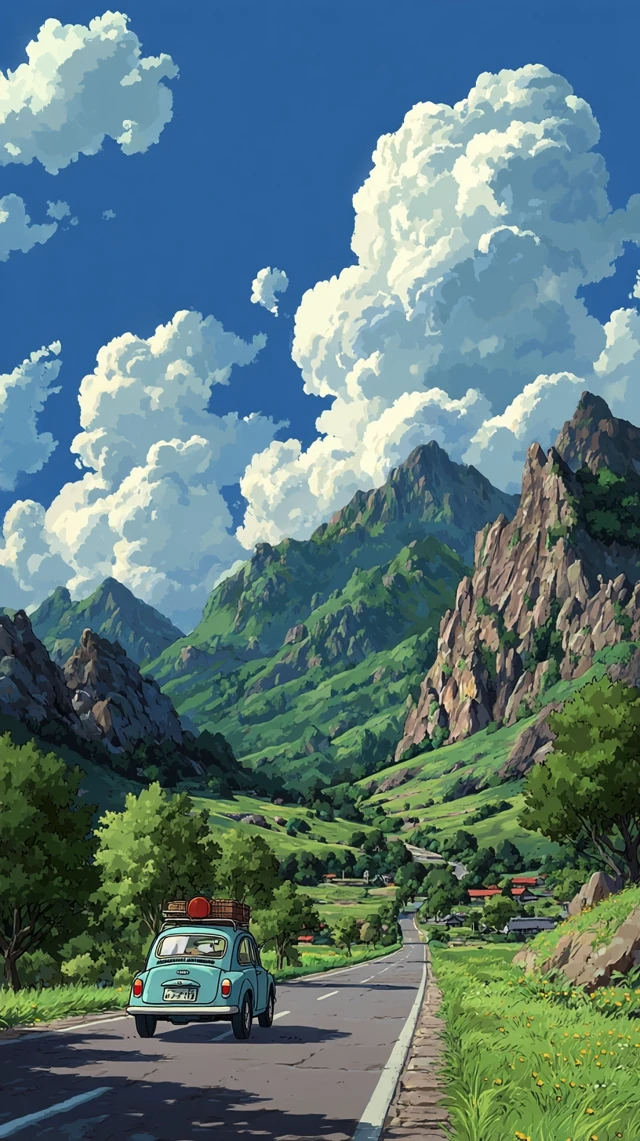 Anime Road Trip Through Mountains and Sky