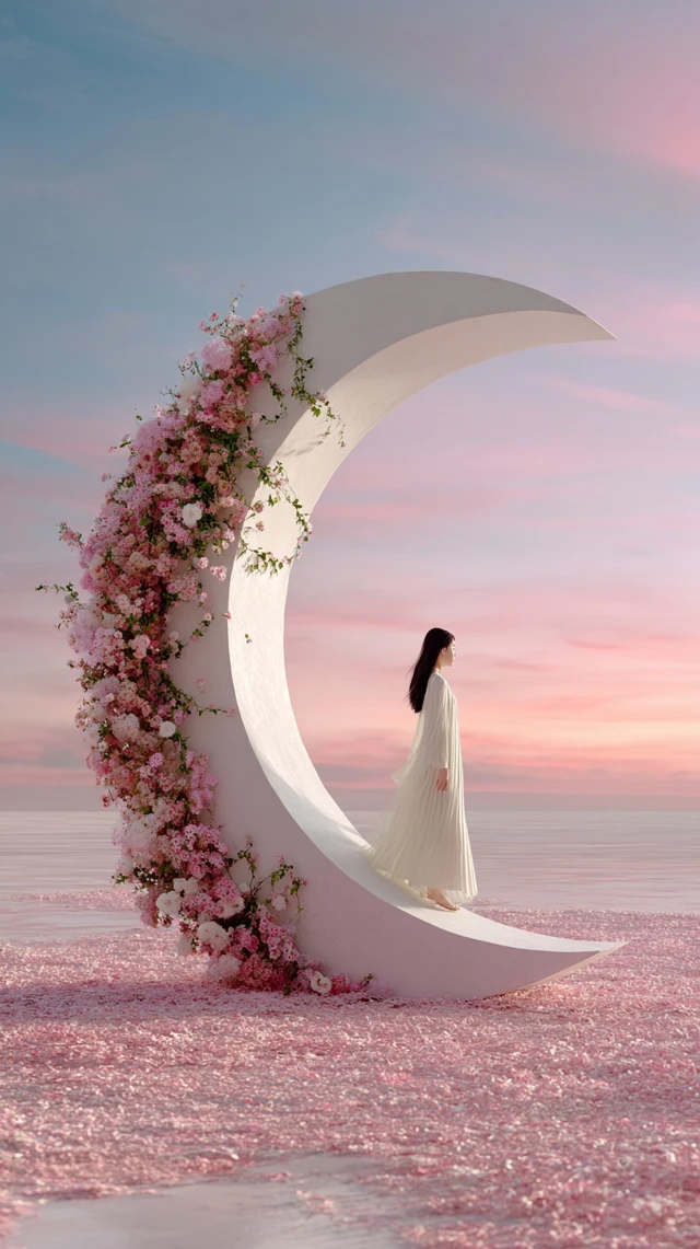 Dreamy Woman and Moon Floral Installation
