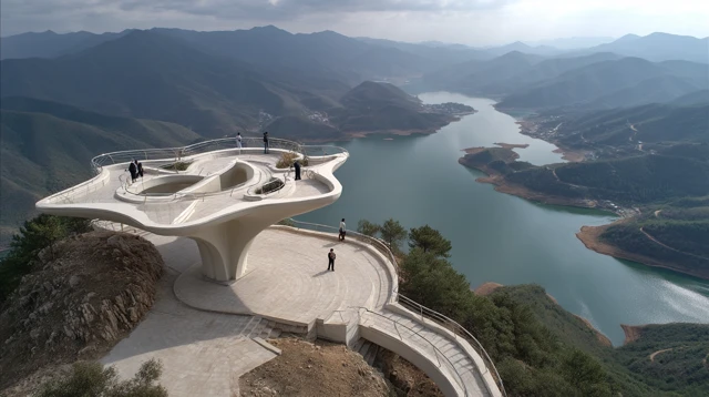 Lotus Flower Viewing Platform Overlooking Lake