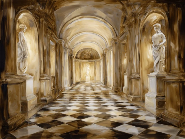 Neoclassical Hallway Marble Statues Golden Light