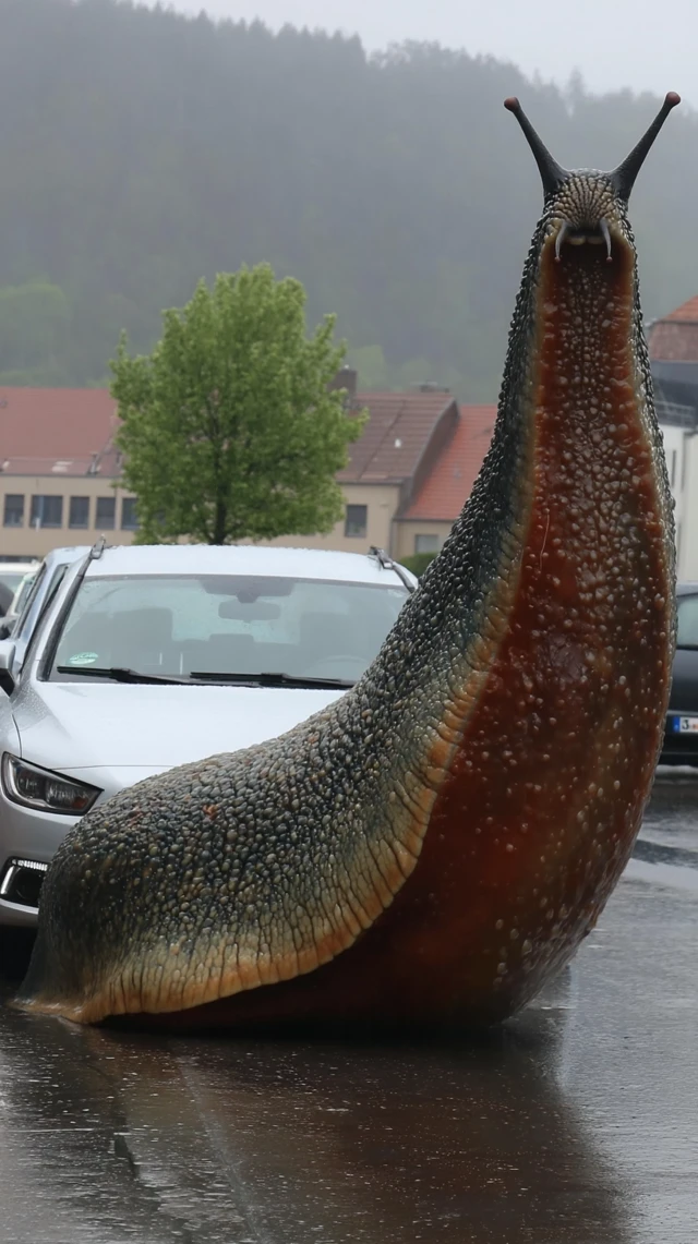 Giant Slug Attacks Car in German Town Rainy Day
