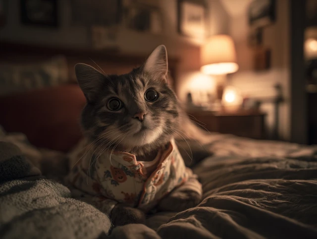 Cozy Cat in Pajamas Relaxing in a Bedroom