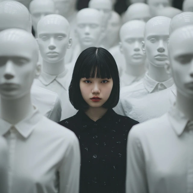 Asian Woman Surrounded by Mannequins