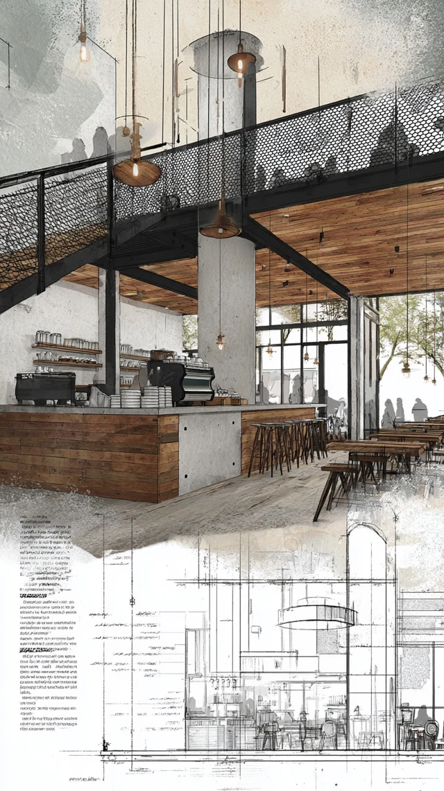 Modern Industrial Cafe Interior Design Drawing