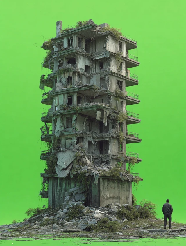 Post Apocalyptic Ruins Building Green Background