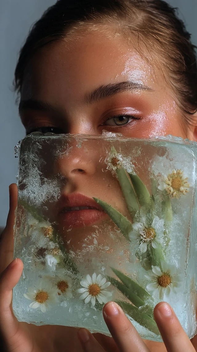 Woman with Aloe Vera Ice Cube Realistic Photo