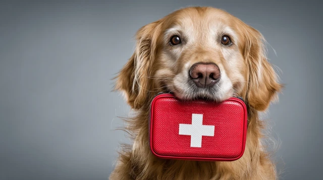 Golden Retriever with First Aid Kit Ready to Help