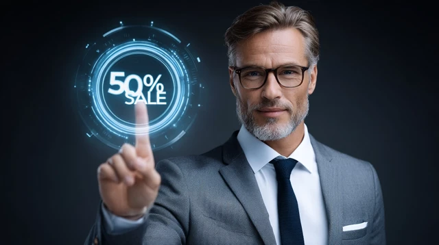 Businessman Pointing at Discount Icon on Screen