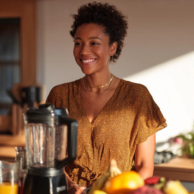 Cheerful Woman Using Blender in Kitchen Lifestyle Photo