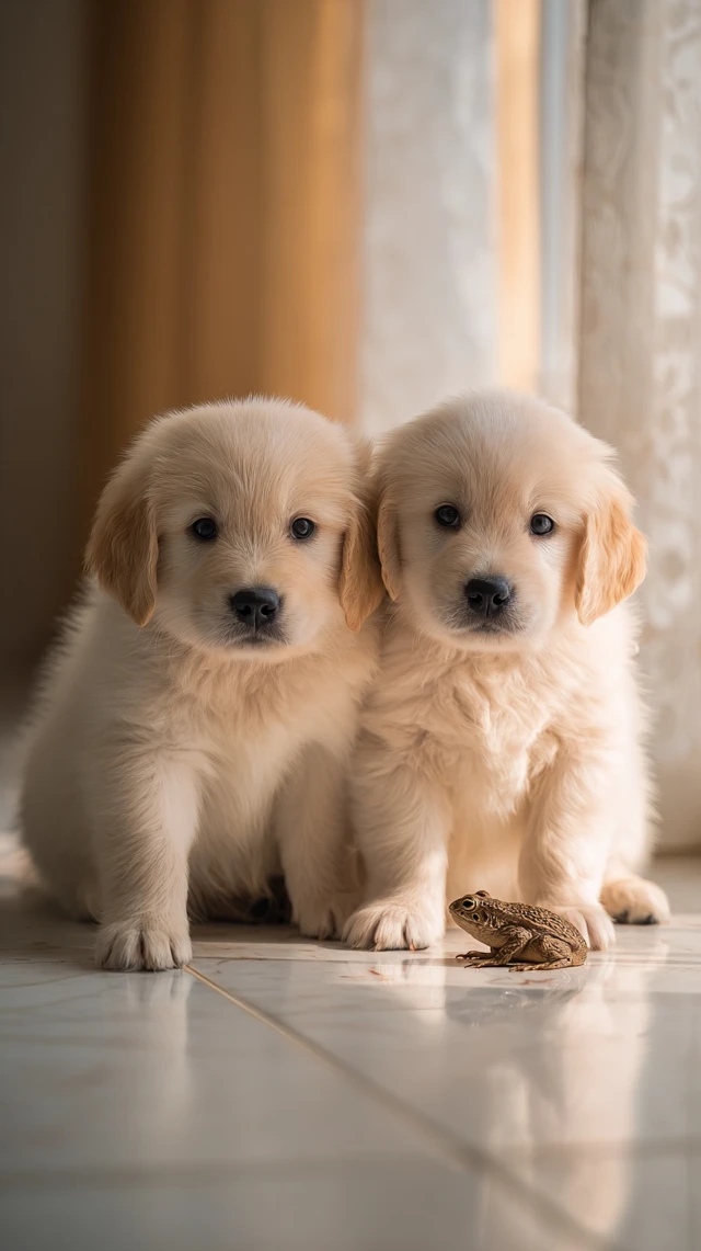 Golden Retriever Puppies and a Frog