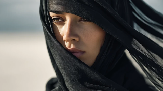 Beautiful Arabic Woman in Black Satin Portrait
