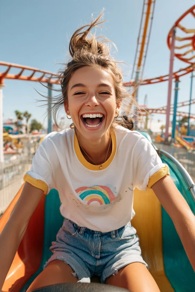 Girl on Roller Coaster Summer Amusement Park Fun