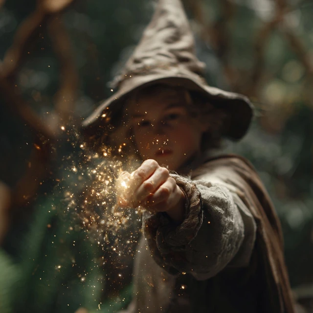 Young Wizard Casting a Spell in the Forest