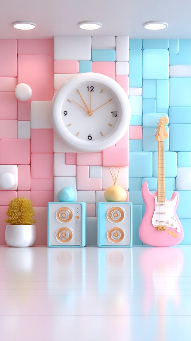 Pastel 3D Render: Pink and Blue Tiles, Clock, Guitar