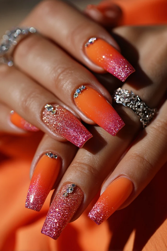 Glam Ombre Coffin Nails Rhinestone Glitter Details