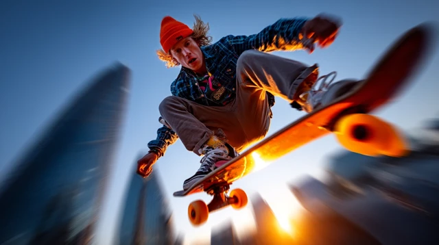 Urban Skateboarding Sunset Cityscape Extreme Action
