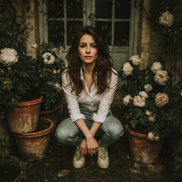 Model in Garden White Shirt and Jeans Photography
