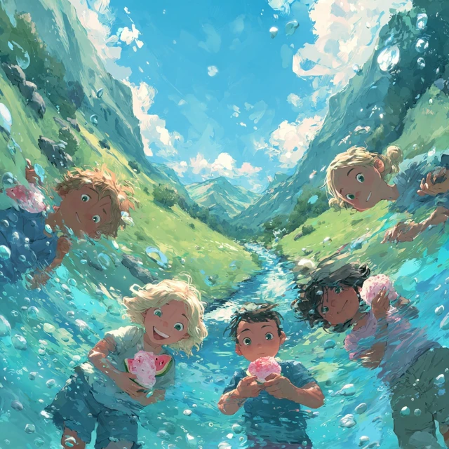 Children Underwater Eating Watermelon and Ice Cream
