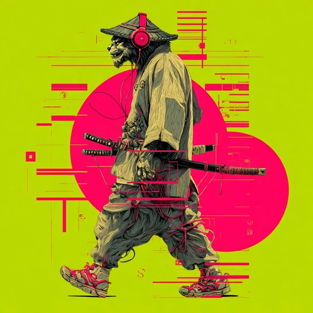 Lion Samurai Illustration in Japanese Style