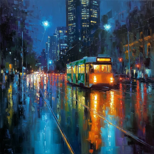Melbourne Australia Night Rain Oil Painting