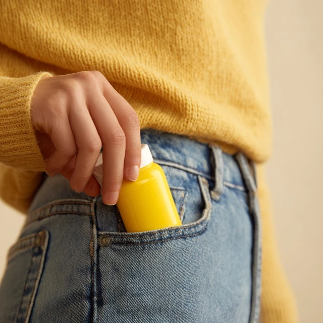 Woman Putting Yellow Bottle in Pocket