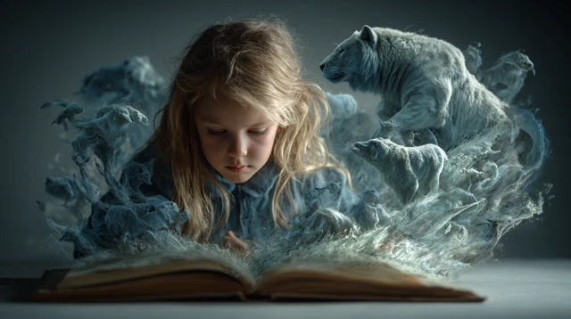 Girl Reading a Book with Dream Creatures 8k
