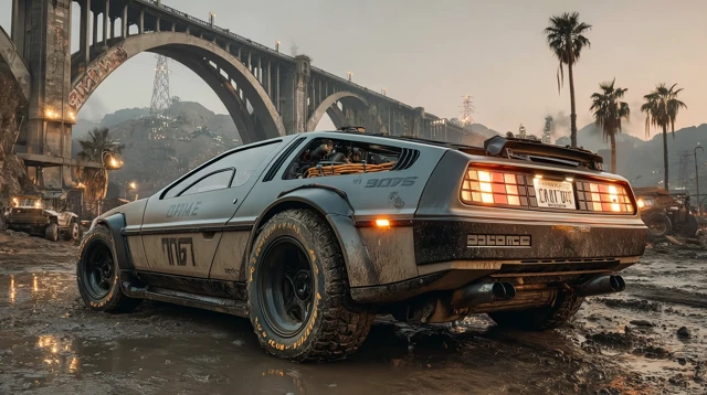 DeLorean in the Desert Hyperrealistic Cinematic Shot